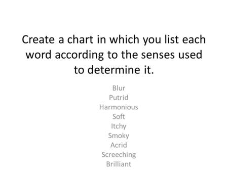 Create a chart in which you list each word according to the senses used to determine it. Blur Putrid Harmonious Soft Itchy Smoky Acrid Screeching Brilliant.