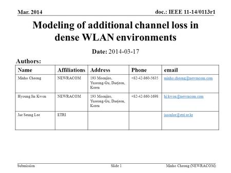 Doc.: IEEE 11-14/0113r1 Submission Mar. 2014 Minho Cheong (NEWRACOM)Slide 1 Modeling of additional channel loss in dense WLAN environments Date: 2014-03-17.
