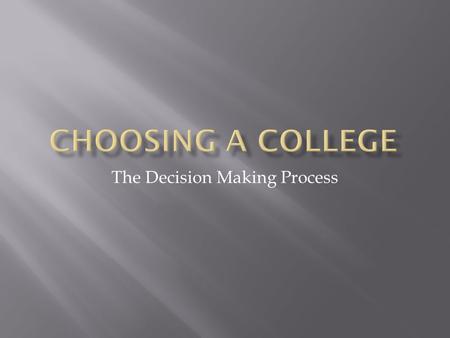 The Decision Making Process.  Indentify Your Options  Gather Information  Make Your Decision.