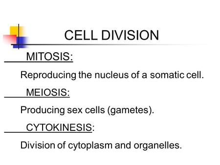 CELL DIVISION MITOSIS: Reproducing the nucleus of a somatic cell.