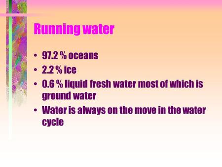 Running water 97.2 % oceans 2.2 % ice