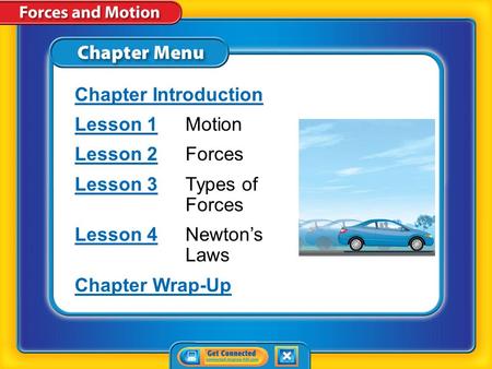 Chapter Introduction Lesson 1Lesson 1Motion Lesson 2Lesson 2Forces Lesson 3Lesson 3Types of Forces Lesson 4Lesson 4Newton’s Laws Chapter Wrap-Up.