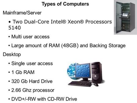 Types of Computers Mainframe/Server Two Dual-Core Intel ® Xeon ® Processors 5140 Multi user access Large amount of RAM ( 48GB) and Backing Storage Desktop.