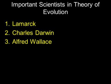 Important Scientists in Theory of Evolution 1.Lamarck 2.Charles Darwin 3.Alfred Wallace.