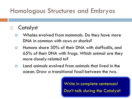 Homologous Structures and Embryos  Catalyst  Whales evolved from mammals. Do they have more DNA in common with cows or sharks?  Humans share 30% of.
