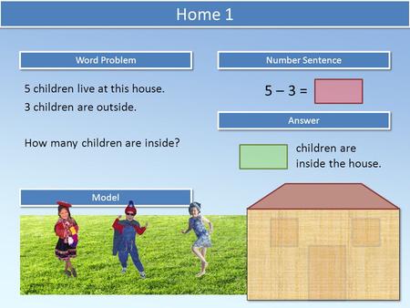 Word Problem children are inside the house. Model Number Sentence Answer Home 1 5 children live at this house. 3 children are outside. How many children.
