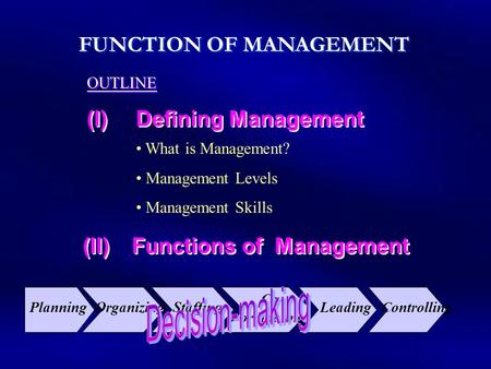 FUNCTION OF MANAGEMENT (I)Defining Management What is Management? Management Levels Management Skills (II)Functions of Management PlanningOrganizingStaffing.