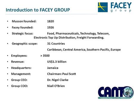 Introduction to FACEY GROUP Musson founded:1820 Facey founded:1926 Strategic focus:Food, Pharmaceuticals, Technology, Telecom, Electronic Top Up Distribution,