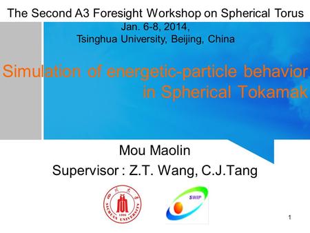 1 Simulation of energetic-particle behavior in Spherical Tokamak Mou Maolin Supervisor : Z.T. Wang, C.J.Tang The Second A3 Foresight Workshop on Spherical.