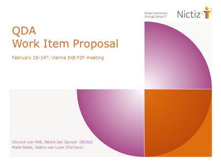 QDA Work Item Proposal February 10-14 th, Vienna IHE F2F meeting Vincent van Pelt, Albert-Jan Spruyt (Nictiz) Mark Sinke, Walco van Loon (ForCare)