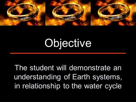 The student will demonstrate an understanding of Earth systems, in relationship to the water cycle Objective water carbon nitrogen.