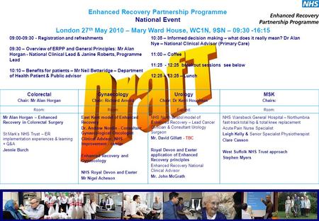 Enhanced Recovery Partnership Programme National Event 09:00-09:30 - Registration and refreshments 09:30 – Overview of ERPP and General Principles: Mr.