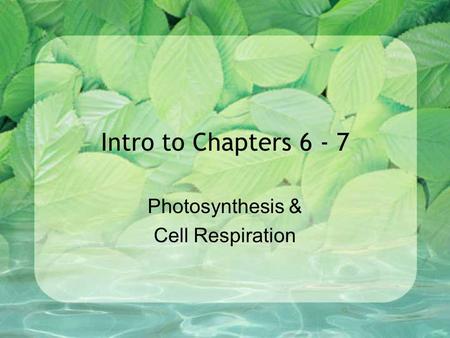 Intro to Chapters 6 - 7 Photosynthesis & Cell Respiration.