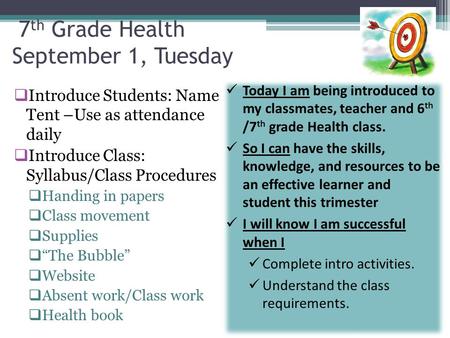 7th Grade Health September 1, Tuesday