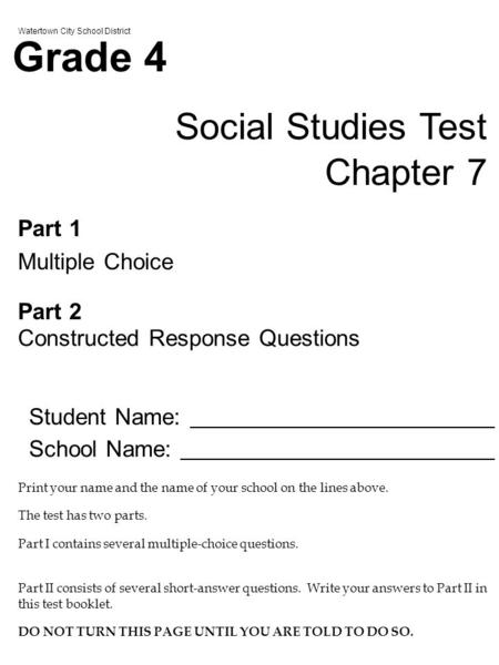 Grade 4 Social Studies Test Chapter 7 Part 1 Multiple Choice Part 2