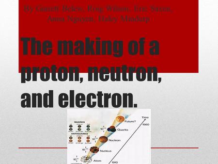 The making of a proton, neutron, and electron. By Garrett Belew, Roig Wilson, Eric Saxen, Anna Nguyen, Haley Mindurp.