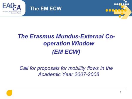 1 The EM ECW The Erasmus Mundus-External Co- operation Window (EM ECW) Call for proposals for mobility flows in the Academic Year 2007-2008.