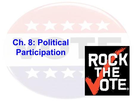Ch. 8: Political Participation. I. Closer look at nonvoting A.Problem: First Explanation  Voter Apathy...So when do more vote? B.Problem: Better Explanation.