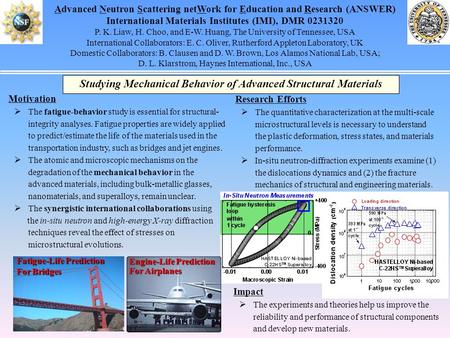 Advanced Neutron Scattering netWork for Education and Research (ANSWER) International Materials Institutes (IMI), DMR 0231320 P. K. Liaw, H. Choo, and.