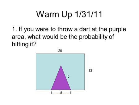 Warm Up 1/31/11 1. If you were to throw a dart at the purple area, what would be the probability of hitting it? 13 20 I-------8-------I 5.