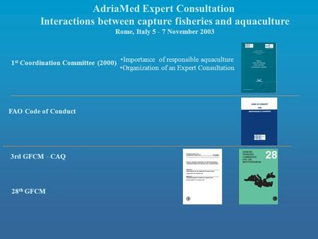 AdriaMed Expert Consultation Interactions between capture fisheries and aquaculture Rome, Italy 5 - 7 November 2003 1 st Coordination Committee (2000)