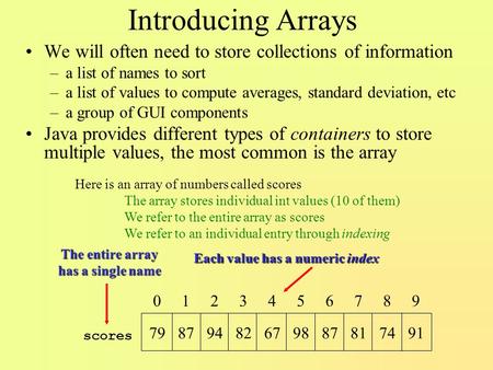 Introducing Arrays We will often need to store collections of information –a list of names to sort –a list of values to compute averages, standard deviation,