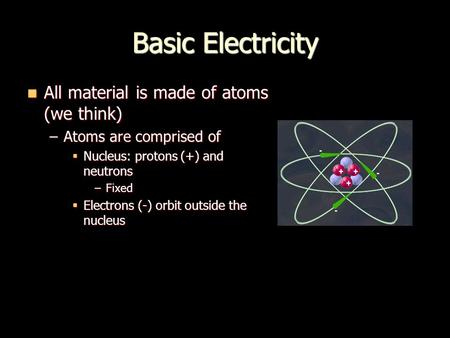 Basic Electricity All material is made of atoms (we think) All material is made of atoms (we think) –Atoms are comprised of  Nucleus: protons (+) and.