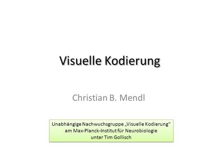 Visuelle Kodierung Christian B. Mendl Unabhängige Nachwuchsgruppe „Visuelle Kodierung“ am Max-Planck-Institut für Neurobiologie unter Tim Gollisch Unabhängige.
