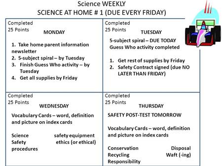 Science WEEKLY SCIENCE AT HOME # 1 (DUE EVERY FRIDAY) MONDAYTUESDAY WEDNESDAYTHURSDAY Completed 25 Points Completed 25 Points Completed 25 Points Completed.