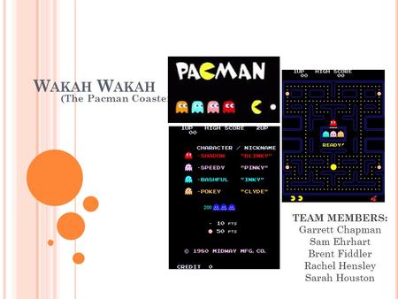 W AKAH (The Pacman Coaster) TEAM MEMBERS: Garrett Chapman Sam Ehrhart Brent Fiddler Rachel Hensley Sarah Houston.
