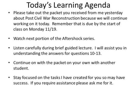Today’s Learning Agenda
