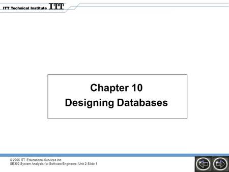 © 2006 ITT Educational Services Inc. SE350 System Analysis for Software Engineers: Unit 2 Slide 1 Chapter 10 Designing Databases.
