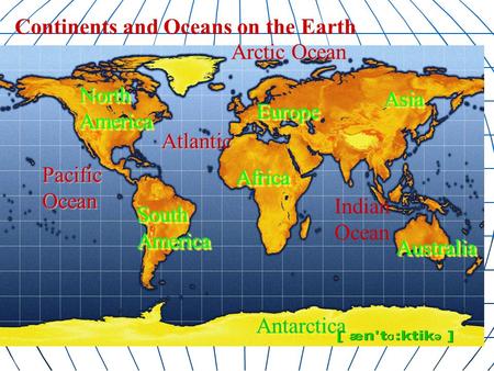 AfricaAfrica North America South America AsiaAsia EuropeEurope AustraliaAustralia AntarcticaAntarctica Atlantic Pacific Ocean Indian Ocean Arctic Ocean.
