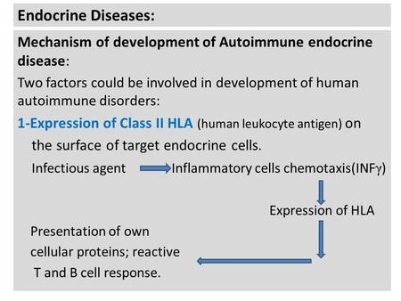 Endocrine Diseases: Mechanism of development of Autoimmune endocrine disease: Two factors could be involved in development of human autoimmune disorders: