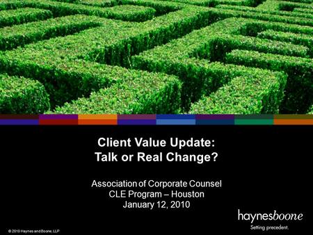 ©2008 Haynes and Boone, LLP © 2010 Haynes and Boone, LLP Client Value Update: Talk or Real Change? Association of Corporate Counsel CLE Program – Houston.