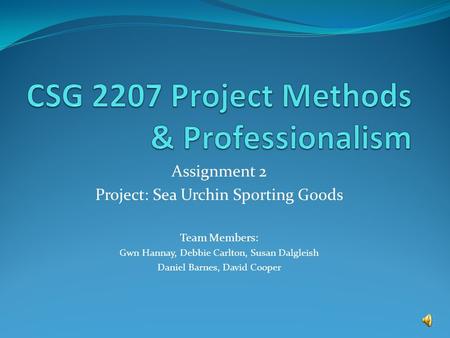 Assignment 2 Project: Sea Urchin Sporting Goods Team Members: Gwn Hannay, Debbie Carlton, Susan Dalgleish Daniel Barnes, David Cooper.