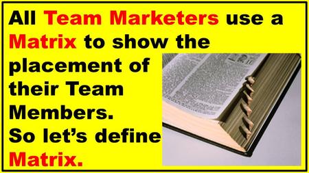 All Team Marketers use a Matrix to show the placement of their Team Members. So let’s define Matrix.