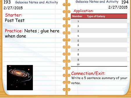 Starter: Post Test Practice: Notes ; glue here when done 2/27/2015 193 194 2/27/2015 Connection/Exit: Write a 5 sentence summary of your notes. Galaxies.
