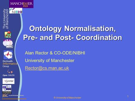 © University of Manchester 1 Ontology Normalisation, Pre- and Post- Coordination Alan Rector & CO-ODE/NIBHI University of Manchester