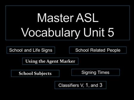 School and Life Signs Using the Agent Marker Classifiers V, 1, and 3 School Subjects Signing Times School Related People.