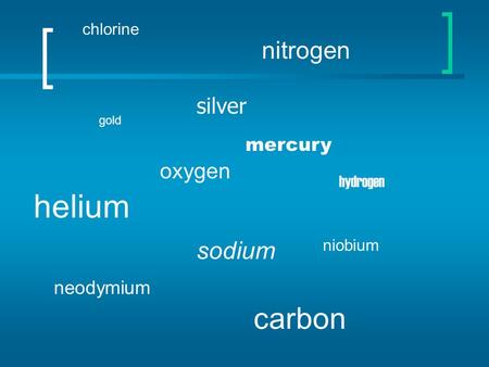 helium carbon nitrogen sodium silver oxygen mercury neodymium chlorine