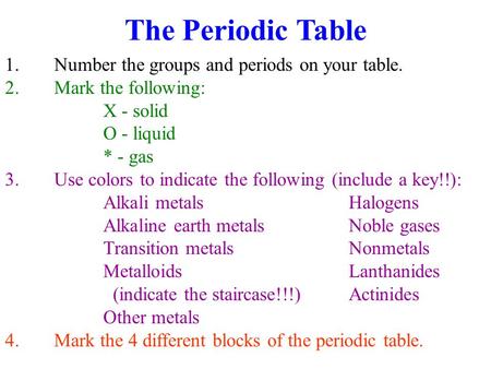 The Periodic Table 1. Number the groups and periods on your table.