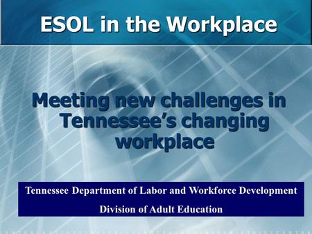 ESOL in the Workplace Meeting new challenges in Tennessee’s changing workplace Tennessee Department of Labor and Workforce Development Division of Adult.