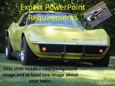 Expert PowerPoint Requirements Title slide needs a cool background image and at least one image about your topic.
