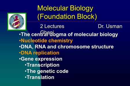 Molecular Biology (Foundation Block) The central dogma of molecular biology Nucleotide chemistry DNA, RNA and chromosome structure DNA replication Gene.