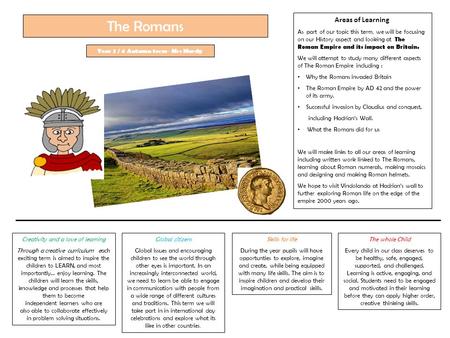 Areas of Learning As part of our topic this term, we will be focusing on our History aspect and looking at The Roman Empire and its impact on Britain.