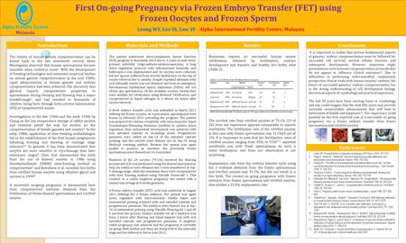 TEMPLATE DESIGN © 2008 www.PosterPresentations.com First On-going Pregnancy via Frozen Embryo Transfer (FET) using Frozen Oocytes and Frozen Sperm IntroductionResultsConclusions.