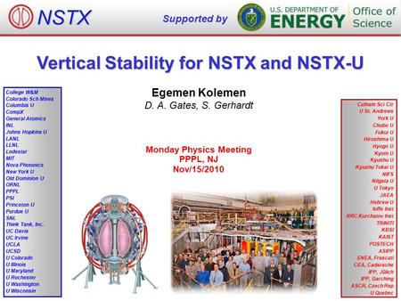 Vertical Stability for NSTX and NSTX-U Egemen Kolemen D. A. Gates, S. Gerhardt Monday Physics Meeting PPPL, NJ Nov/15/2010 NSTX Supported by College W&M.