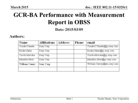 Doc.: IEEE 802.11-15/0320r1 Submission March 2015 Yusuke Tanaka, Sony CorporationSlide 1 GCR-BA Performance with Measurement Report in OBSS Date: 2015/03/09.