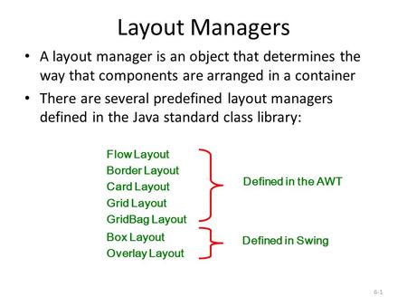 Layout Managers A layout manager is an object that determines the way that components are arranged in a container There are several predefined layout managers.